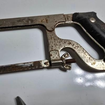 Mixed Hand Tool Lot – Axe Head, Hacksaw, Pry Bars, and More