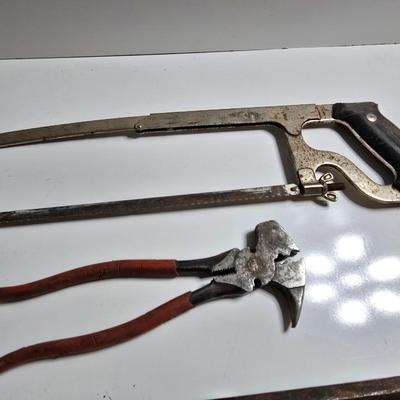 Mixed Hand Tool Lot – Axe Head, Hacksaw, Pry Bars, and More