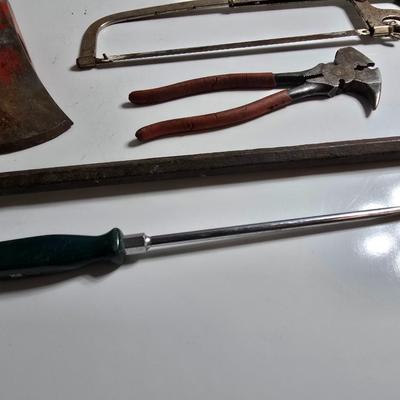 Mixed Hand Tool Lot – Axe Head, Hacksaw, Pry Bars, and More