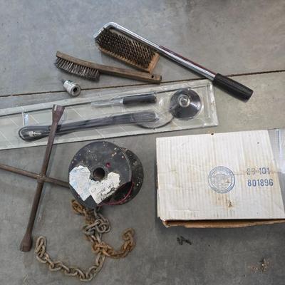 Mixed Garage & Tool Lot – Brushes, Lug Wrench, Chain, Antenna, new starter and more
