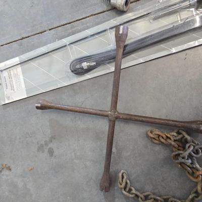 Mixed Garage & Tool Lot – Brushes, Lug Wrench, Chain, Antenna, new starter and more