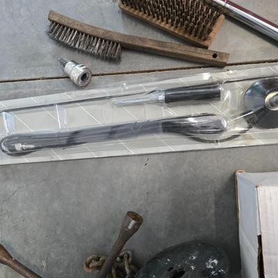Mixed Garage & Tool Lot – Brushes, Lug Wrench, Chain, Antenna, new starter and more