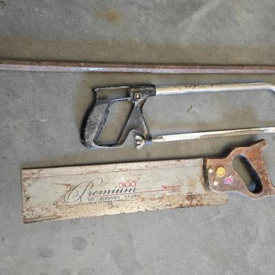 Vintage Hand Tool Trio – Crowbar, Hacksaw & Back Saw