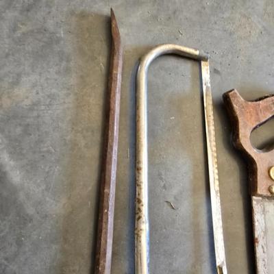Vintage Hand Tool Trio – Crowbar, Hacksaw & Back Saw