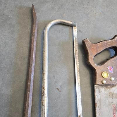 Vintage Hand Tool Trio – Crowbar, Hacksaw & Back Saw