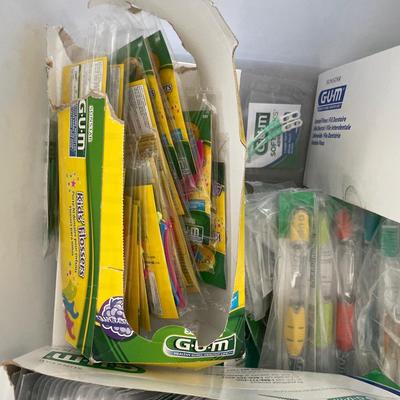 Tote with toothbrushes, pics and floss