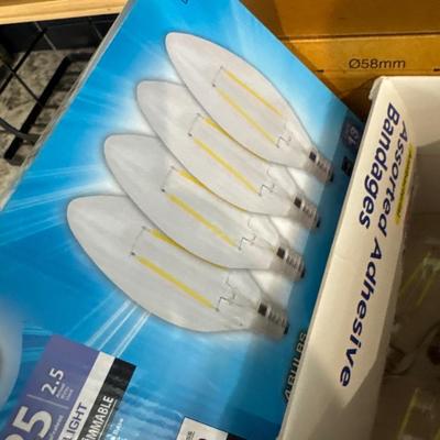 Wire storage bins, light bulbs and hardware