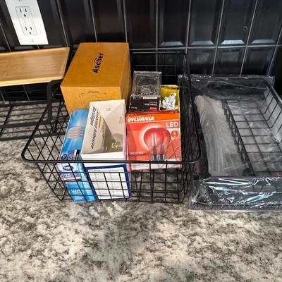 Wire storage bins, light bulbs and hardware