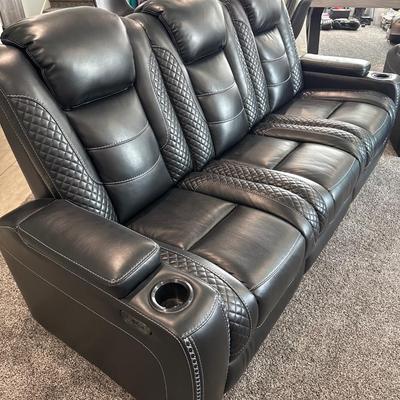 Leather 3 person power reclining sofa with lights