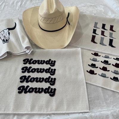 Tony Lama straw hat & cowboy theme hand towels