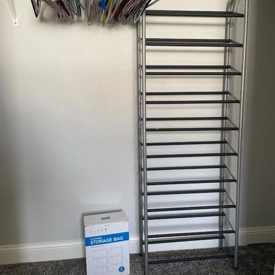 Shoe rack, clothes storage bag and hangers