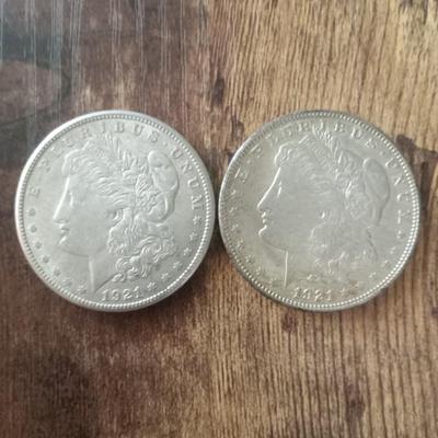 2 1921 S Morgan silver dollars
