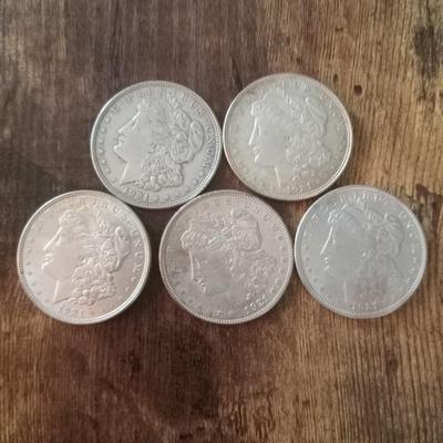 5 1921 P Morgan silver dollars
