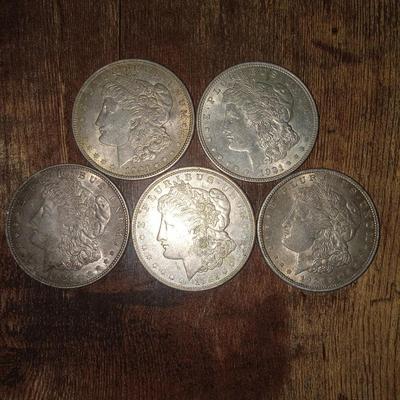 5 1921 P Morgan silver dollars