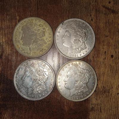 4 1921 P morgan silver dollars