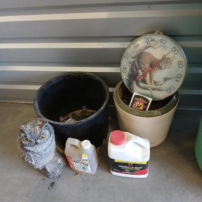 Outdoor Garden Lot – Planters, Owl Decoy, Thermometer ,snake and mole repellent