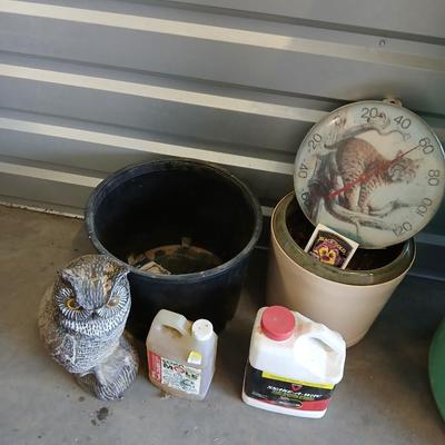 Outdoor Garden Lot – Planters, Owl Decoy, Thermometer ,snake and mole repellent