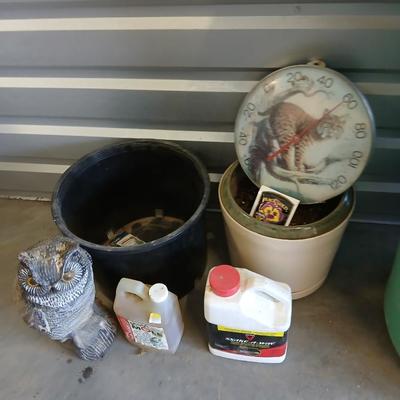 Outdoor Garden Lot – Planters, Owl Decoy, Thermometer ,snake and mole repellent