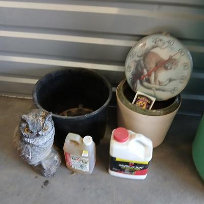 Outdoor Garden Lot – Planters, Owl Decoy, Thermometer ,snake and mole repellent
