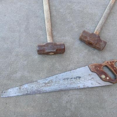 Vintage Tool Lot – 2 Sledgehammers & Hand Saw