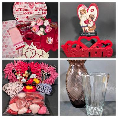 LOT 2B: Valentine Home Decor, Disney Store Exclusive Rare Mickey Mouse Cupid In Love Figurine, Heart Kitchen Towel, Table Runner,...