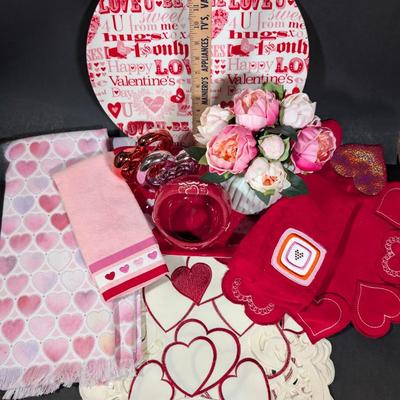LOT 2B: Valentine Home Decor, Disney Store Exclusive Rare Mickey Mouse Cupid In Love Figurine, Heart Kitchen Towel, Table Runner,...