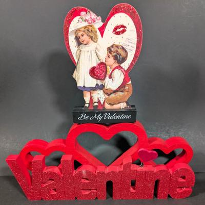 LOT 2B: Valentine Home Decor, Disney Store Exclusive Rare Mickey Mouse Cupid In Love Figurine, Heart Kitchen Towel, Table Runner,...