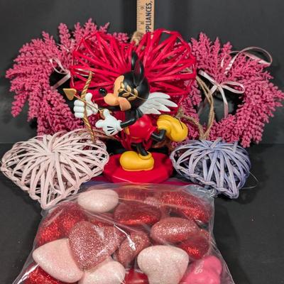 LOT 2B: Valentine Home Decor, Disney Store Exclusive Rare Mickey Mouse Cupid In Love Figurine, Heart Kitchen Towel, Table Runner,...
