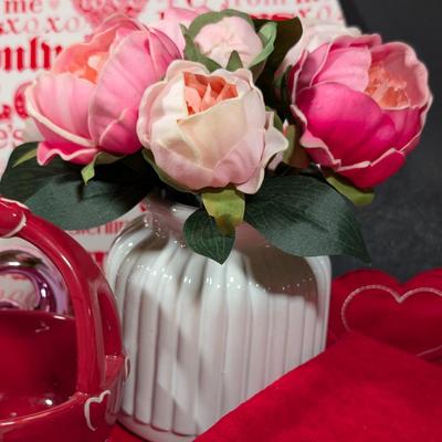 LOT 2B: Valentine Home Decor, Disney Store Exclusive Rare Mickey Mouse Cupid In Love Figurine, Heart Kitchen Towel, Table Runner,...