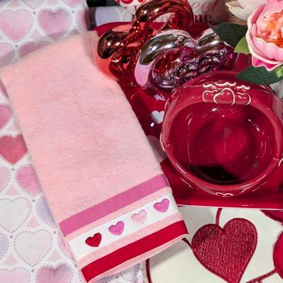 LOT 2B: Valentine Home Decor, Disney Store Exclusive Rare Mickey Mouse Cupid In Love Figurine, Heart Kitchen Towel, Table Runner,...