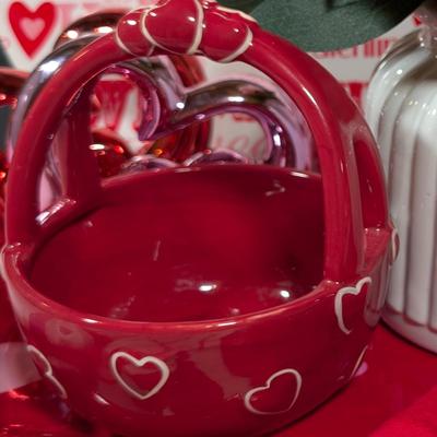 LOT 2B: Valentine Home Decor, Disney Store Exclusive Rare Mickey Mouse Cupid In Love Figurine, Heart Kitchen Towel, Table Runner,...