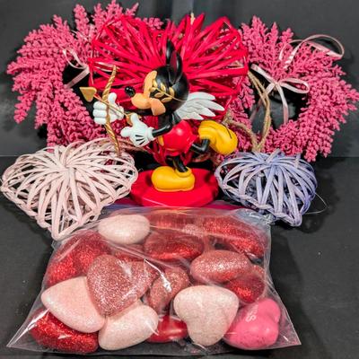 LOT 2B: Valentine Home Decor, Disney Store Exclusive Rare Mickey Mouse Cupid In Love Figurine, Heart Kitchen Towel, Table Runner,...