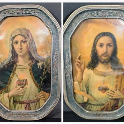LOT 5B: Vintage/Antique Immaculate Heart Of Mary & Jesus Sacred Heart Framed Prints
