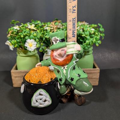 LOT 6B: Large Assortment Of St. Patrick's Day Home Decor, Kitchen Towels, Melamine Shamrock Plate, Ceramic Leprechaun Tea Light...