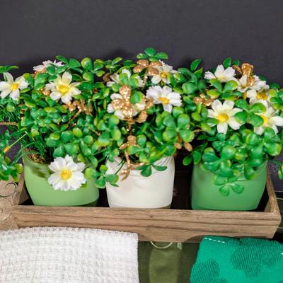 LOT 6B: Large Assortment Of St. Patrick's Day Home Decor, Kitchen Towels, Melamine Shamrock Plate, Ceramic Leprechaun Tea Light...
