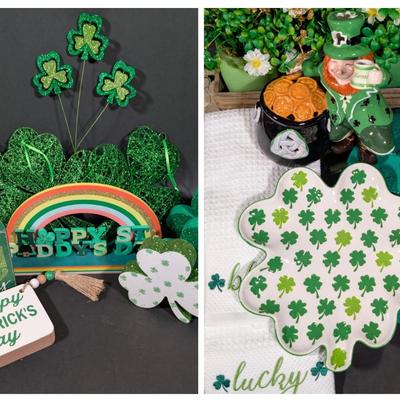 LOT 6B: Large Assortment Of St. Patrick's Day Home Decor, Kitchen Towels, Melamine Shamrock Plate, Ceramic Leprechaun Tea Light...