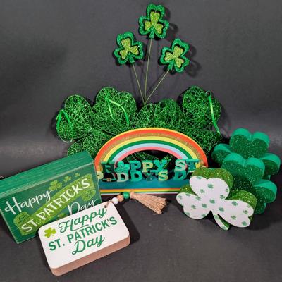 LOT 6B: Large Assortment Of St. Patrick's Day Home Decor, Kitchen Towels, Melamine Shamrock Plate, Ceramic Leprechaun Tea Light...