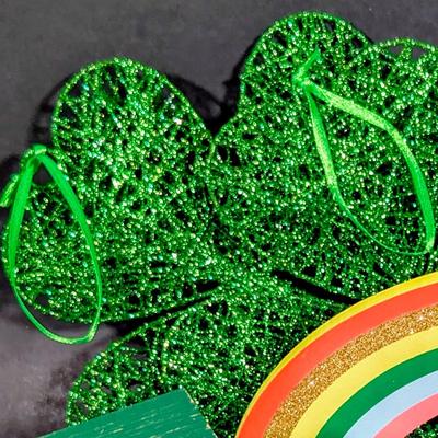 LOT 6B: Large Assortment Of St. Patrick's Day Home Decor, Kitchen Towels, Melamine Shamrock Plate, Ceramic Leprechaun Tea Light...