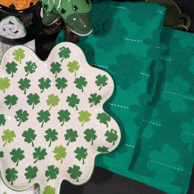 LOT 6B: Large Assortment Of St. Patrick's Day Home Decor, Kitchen Towels, Melamine Shamrock Plate, Ceramic Leprechaun Tea Light...