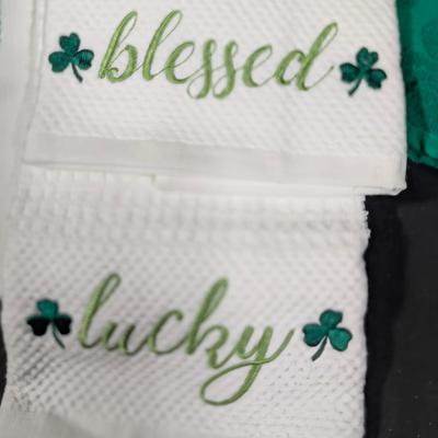 LOT 6B: Large Assortment Of St. Patrick's Day Home Decor, Kitchen Towels, Melamine Shamrock Plate, Ceramic Leprechaun Tea Light...