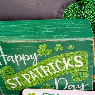 LOT 6B: Large Assortment Of St. Patrick's Day Home Decor, Kitchen Towels, Melamine Shamrock Plate, Ceramic Leprechaun Tea Light...