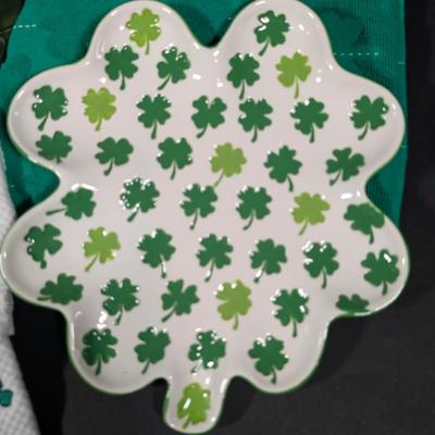 LOT 6B: Large Assortment Of St. Patrick's Day Home Decor, Kitchen Towels, Melamine Shamrock Plate, Ceramic Leprechaun Tea Light...