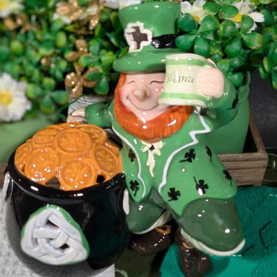LOT 6B: Large Assortment Of St. Patrick's Day Home Decor, Kitchen Towels, Melamine Shamrock Plate, Ceramic Leprechaun Tea Light...