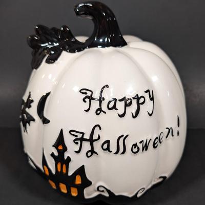 LOT 8B: Large Assortment Of Halloween Home Decor, Beautifully Made Witch Over 3 Ft. Tall, Ceramic Pumpkins, Mickey Mouse & Glass...