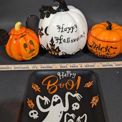 LOT 8B: Large Assortment Of Halloween Home Decor, Beautifully Made Witch Over 3 Ft. Tall, Ceramic Pumpkins, Mickey Mouse & Glass...