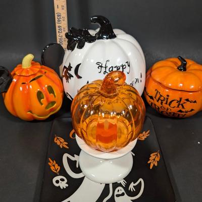 LOT 8B: Large Assortment Of Halloween Home Decor, Beautifully Made Witch Over 3 Ft. Tall, Ceramic Pumpkins, Mickey Mouse & Glass...