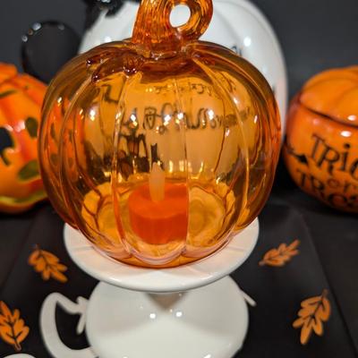 LOT 8B: Large Assortment Of Halloween Home Decor, Beautifully Made Witch Over 3 Ft. Tall, Ceramic Pumpkins, Mickey Mouse & Glass...