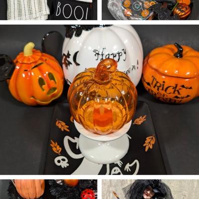 LOT 8B: Large Assortment Of Halloween Home Decor, Beautifully Made Witch Over 3 Ft. Tall, Ceramic Pumpkins, Mickey Mouse & Glass...