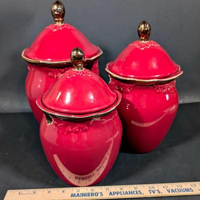 LOT 9B: Lovely Karidesign Burgundy Red Canister Set