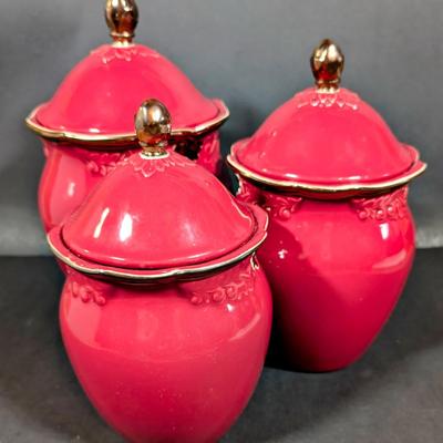 LOT 9B: Lovely Karidesign Burgundy Red Canister Set